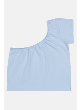 Lefties Kids Girl Asymmetrical Neckline Plain Blouse, Light Blue  - Image 1