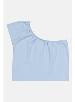 Lefties Kids Girl Asymmetrical Neckline Plain Blouse, Light Blue  - Image 2
