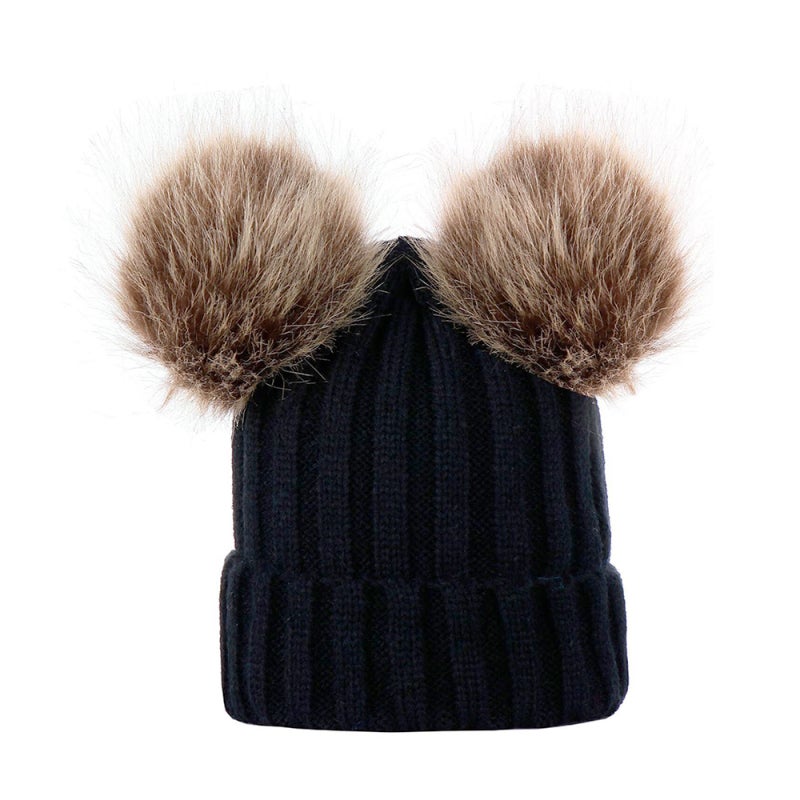 Winter Beanie: Black Size 1 Premium Acrylic Super Soft Warm Crocheted Knit Hat - Stretchy Snug No Itchy Feel Cute Dual Hairball Design for Cold Weather Daily Wear - Image 1