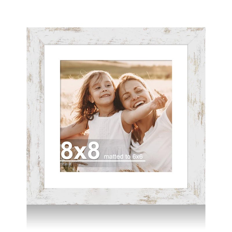 Hongkee 8x8 Picture Frame with Glass, Display Pictures 6x6 with Mat or 8 x 8 without Mat - Wall and Tabletop, 8 by 8 Photo Wooden Frames (Distressed White, 1 Pack) - Image 1