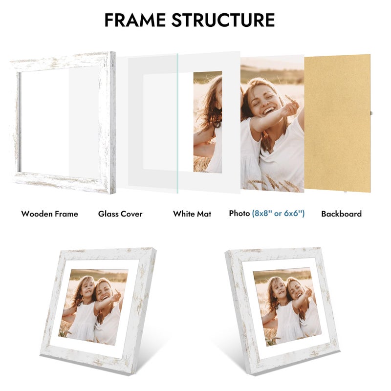 Hongkee 8x8 Picture Frame with Glass, Display Pictures 6x6 with Mat or 8 x 8 without Mat - Wall and Tabletop, 8 by 8 Photo Wooden Frames (Distressed White, 1 Pack) - Image 5