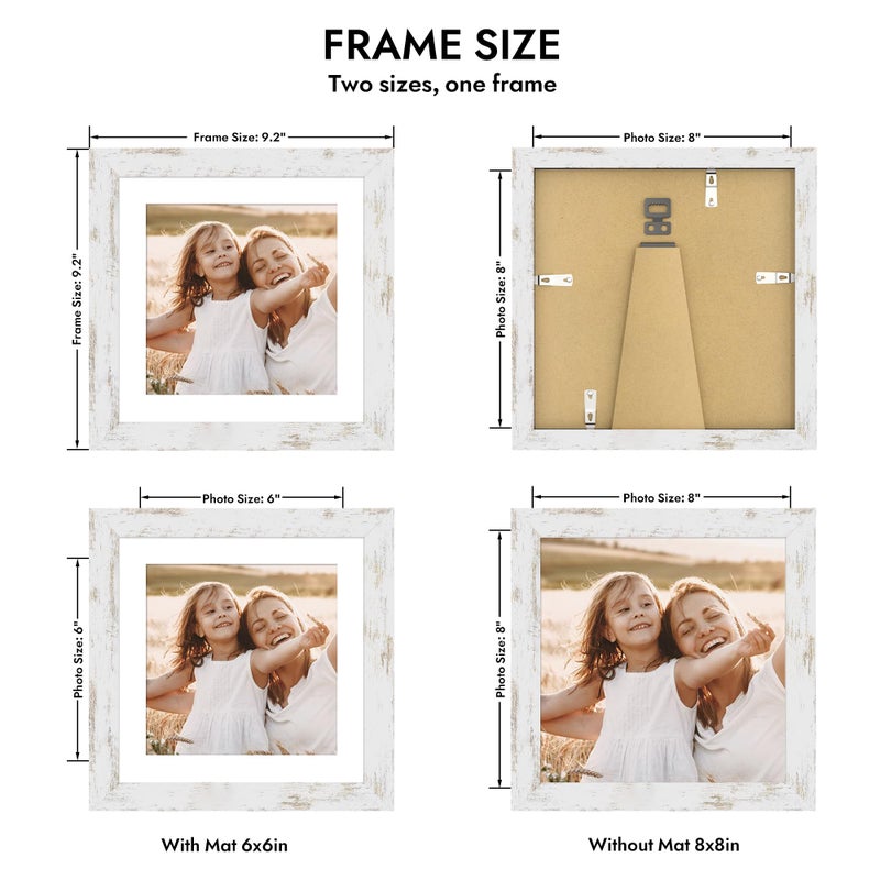Hongkee 8x8 Picture Frame with Glass, Display Pictures 6x6 with Mat or 8 x 8 without Mat - Wall and Tabletop, 8 by 8 Photo Wooden Frames (Distressed White, 1 Pack) - Image 2