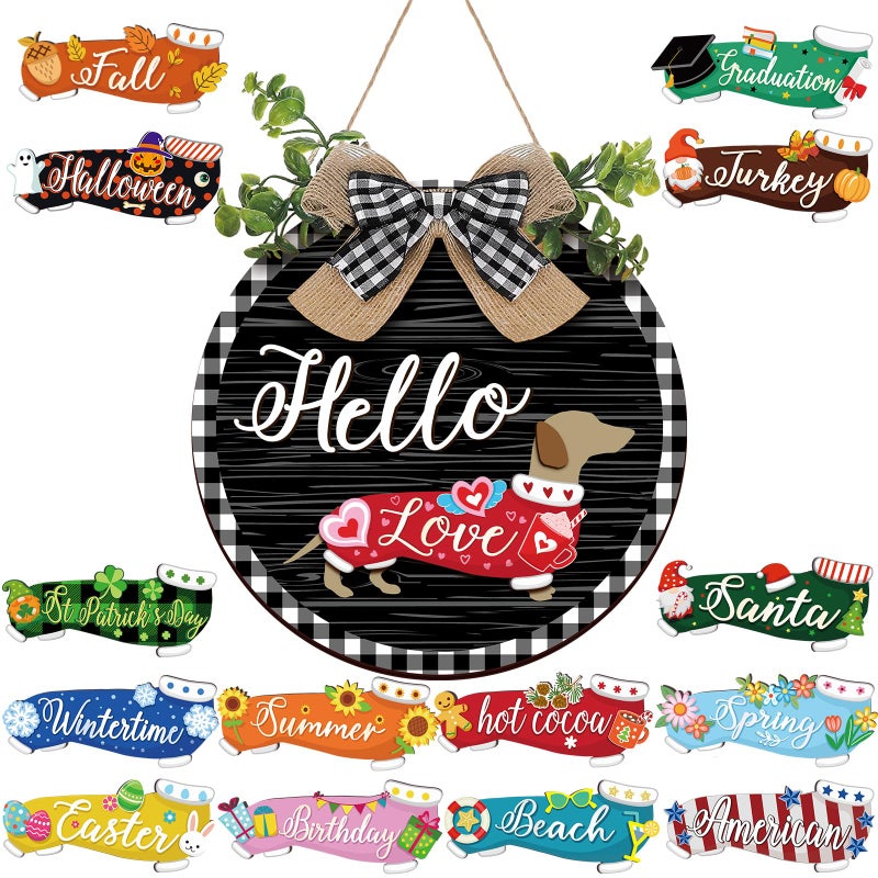 جلينمال مجموعة جلينمال المكونة من 16 قطعة من زينة تعليق الأبواب الخشبية القابلة للتبديل على شكل كلب داشهوند ريفي، لافتة ترحيبية عمودية قابلة للاستبدال، ديكور باب أمامي وشرفة (أسود بإطار منقوش). - Image 1