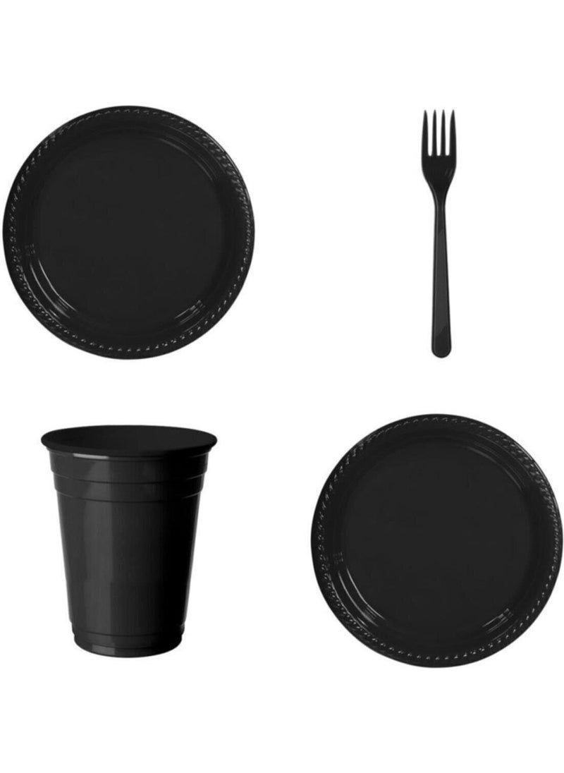 EC Shop Mercantoptan Black Plastic Cups, Forks and Plates 25 Pcs 