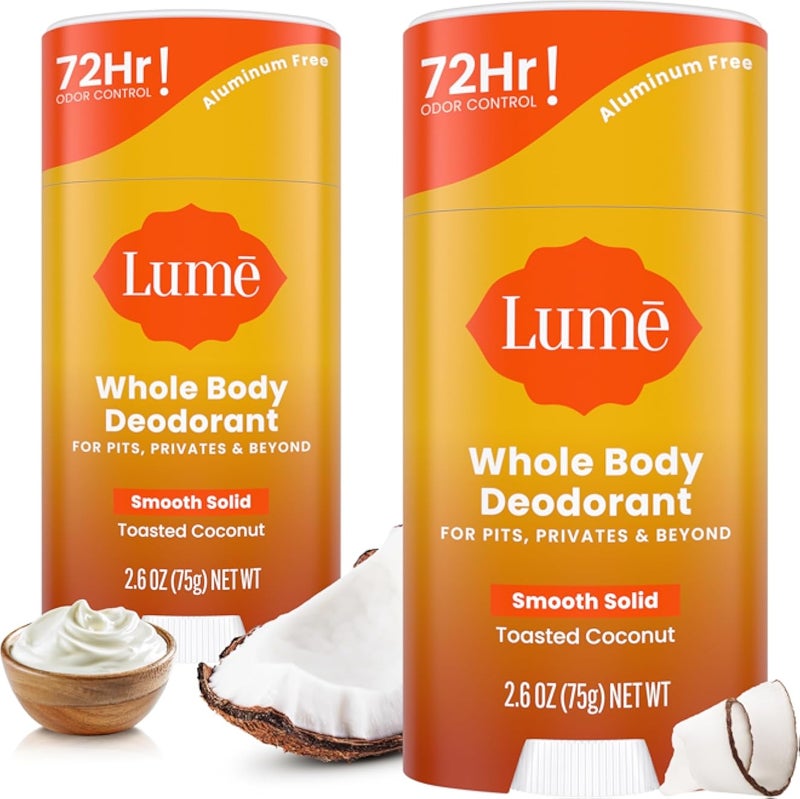 Lume Whole Body Deodorant - Smooth Solid Stick - 72 Hour Odor Control - Aluminum Free, Baking Soda Free and Skin Safe - 2.6 Ounce (Pack of 2) (Toasted Coconut)