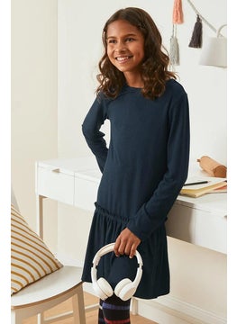 Tchibo Kids Girl Long Sleeve Textured Dress, Navy  - Image 1