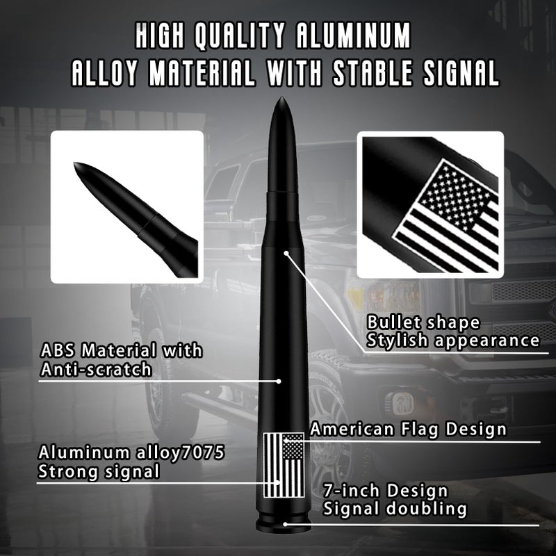 HVSTTPK Car Bullet Antenna with Valve Stem Caps for GM Chevy Silverado 1500 2500 3500 HD Avalanche Ford F Series F150 F250 GMC Sierra 1500 2500 3500 Denali Heavy Truck Accessories (Black)- 7inch- America Flag - Image 2
