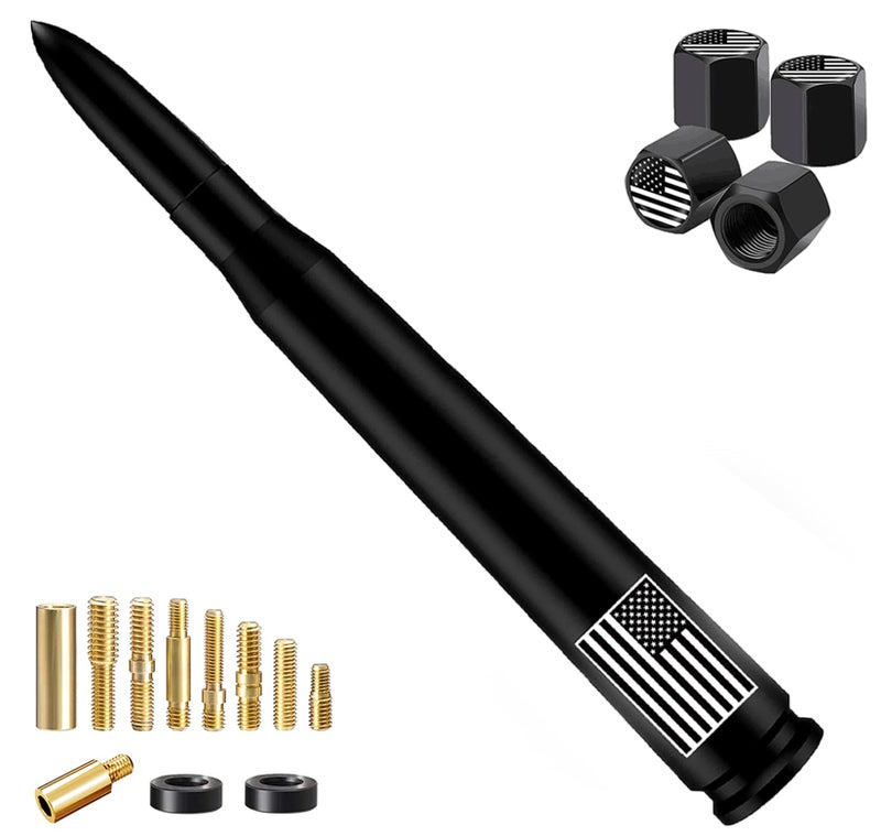 HVSTTPK Car Bullet Antenna with Valve Stem Caps for GM Chevy Silverado 1500 2500 3500 HD Avalanche Ford F Series F150 F250 GMC Sierra 1500 2500 3500 Denali Heavy Truck Accessories (Black)- 7inch- America Flag - Image 1