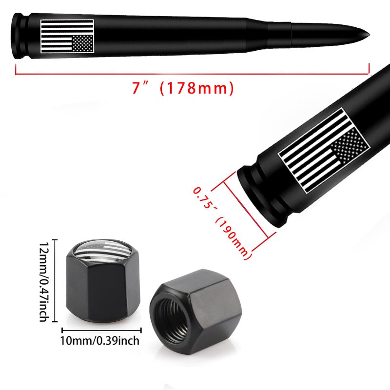 HVSTTPK Car Bullet Antenna with Valve Stem Caps for GM Chevy Silverado 1500 2500 3500 HD Avalanche Ford F Series F150 F250 GMC Sierra 1500 2500 3500 Denali Heavy Truck Accessories (Black)- 7inch- America Flag - Image 5