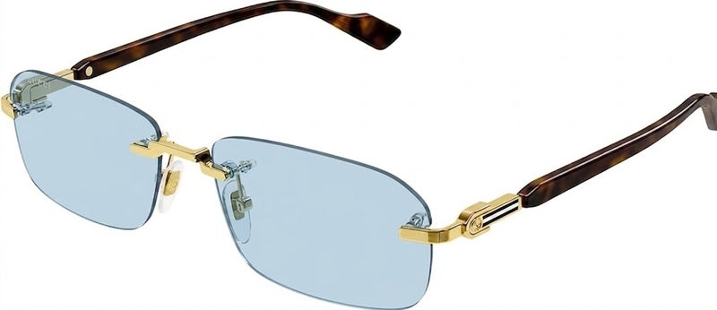 Gucci GG1221S 002 56 Rimless Rectangular Sunglasses For Unisex - Gold/Tortoise Frame With Blue Lenses - Image 1