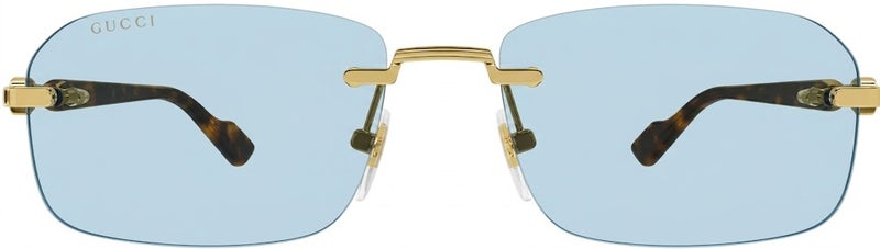 Gucci GG1221S 002 56 Rimless Rectangular Sunglasses For Unisex - Gold/Tortoise Frame With Blue Lenses - Image 2