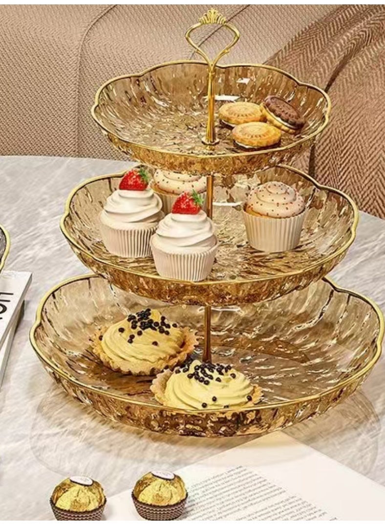 3-Tiered dessert /cake Stand, Clear Dessert Tower Holder Display / Tray stand for Wedding, Party, Baby Shower, 3 Tier Round, Transparent gold, Metal Strut, gold trim - Image 1