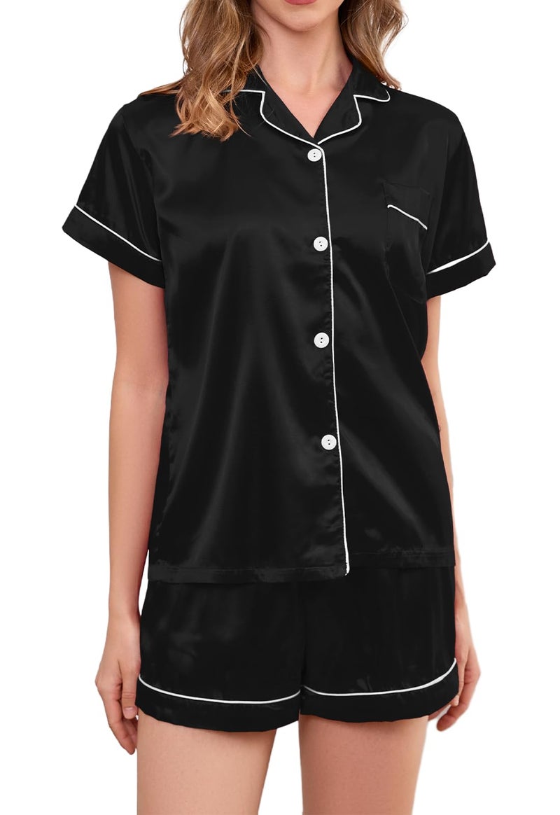 Brezzistaxs Satin Pajama Set for Women 2-Piece Satin PJ Set Button-Down Silk PJ Set - Classic Silky Pajama (US, Alpha, Medium, Regular, Regular, Black) - Image 1