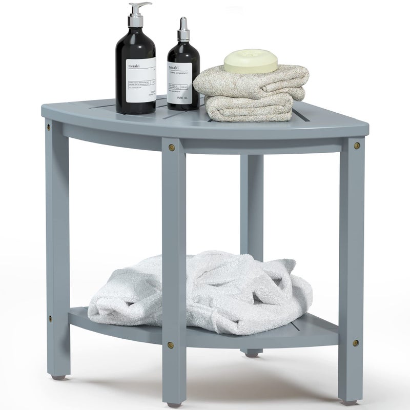 Bamfan Bamboo Corner Shower Bench Waterproof Stool with SpaceEfficient Storage Shelf  Shower Stool Seat for Indoor or Outdoor UseBluish Grey