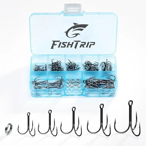 FishTrip 90pcs Fishing Treble Hooks with Split Rings, 7 Sizes High Carbon Steel Triple Fishing Hooks with Ultra Brabed Sharp for Bass Trout Fishing Lures Replacement Size 16#-2# - Image 1