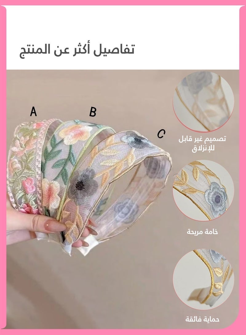 Layali 3 Pcs Floral Embroidery Headbands for Women and Girls, Wide Elastic Vintage Lace Hair Bands, Non-Slip Mesh Top Knot Turban Headband for Spring Summer Hair Accessories(Multicolor) - Image 5