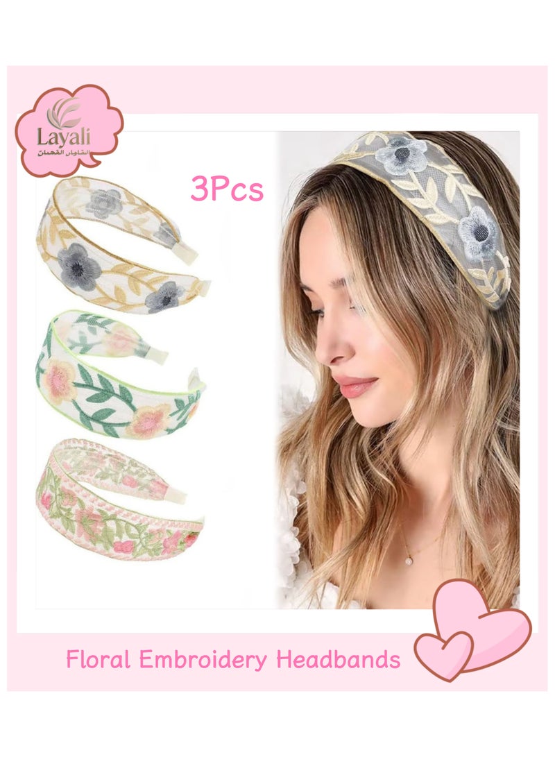 Layali 3 Pcs Floral Embroidery Headbands for Women and Girls, Wide Elastic Vintage Lace Hair Bands, Non-Slip Mesh Top Knot Turban Headband for Spring Summer Hair Accessories(Multicolor) - Image 1