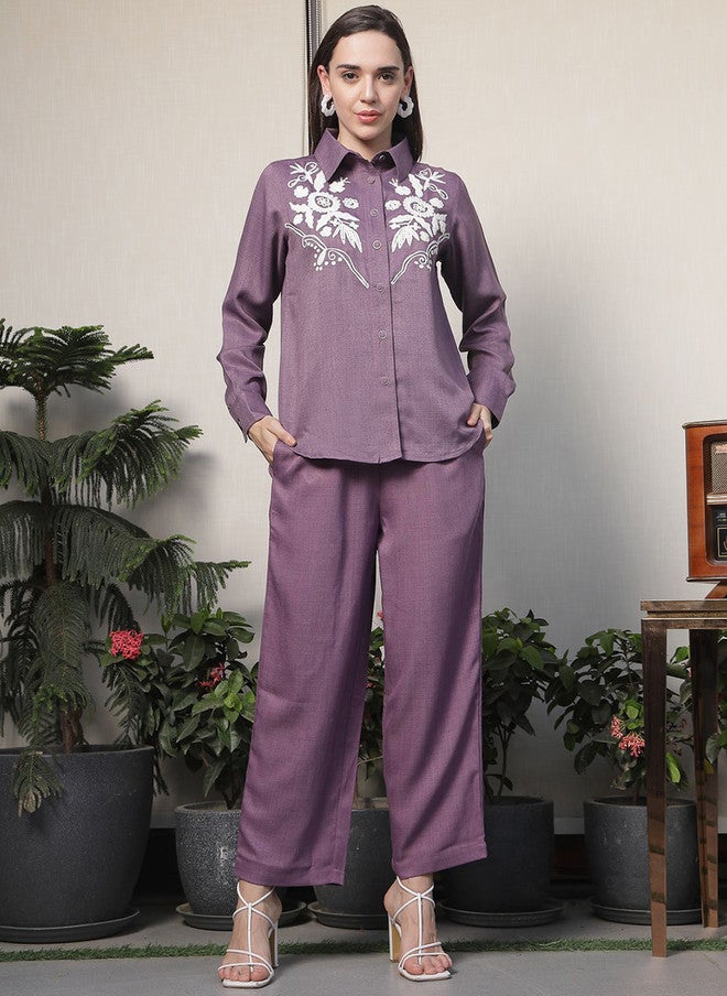PlusS Purple Embroidered Shirt And Trousers Co-Ords For Women - Image 1