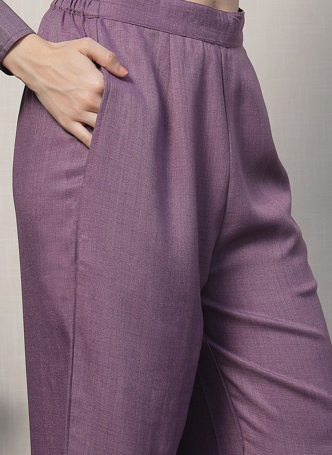 PlusS Purple Embroidered Shirt And Trousers Co-Ords For Women - Image 3