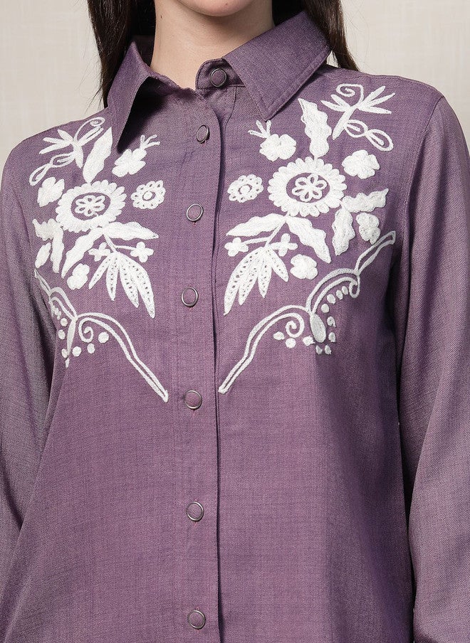PlusS Purple Embroidered Shirt And Trousers Co-Ords For Women - Image 2