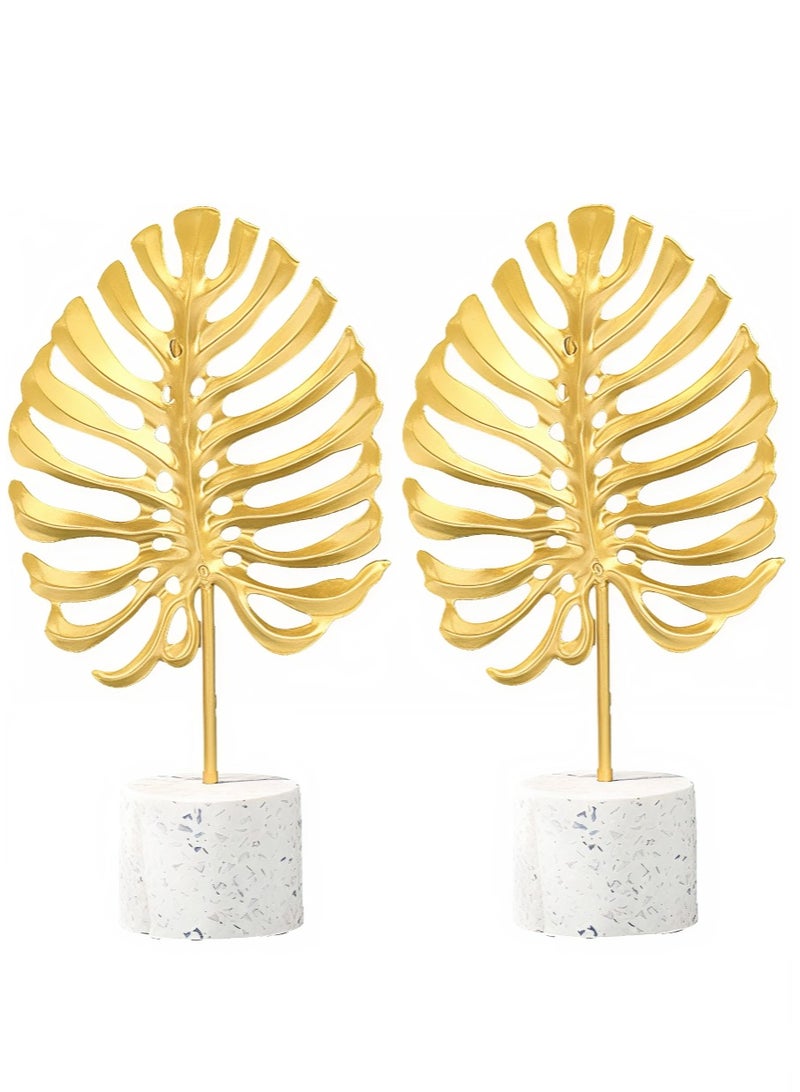 اليسا مجموعة من قطعتين من زينة أوراق الشجر المعدنية الذهبية بقاعدة حجرية - منحوتة زخرفية حديثة على شكل أوراق شجر مونستيرا للمنزل والمكتب وديكور الطاولة والرفوف - Image 1