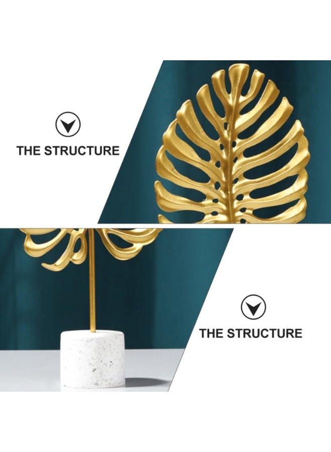 اليسا مجموعة من قطعتين من زينة أوراق الشجر المعدنية الذهبية بقاعدة حجرية - منحوتة زخرفية حديثة على شكل أوراق شجر مونستيرا للمنزل والمكتب وديكور الطاولة والرفوف - Image 2
