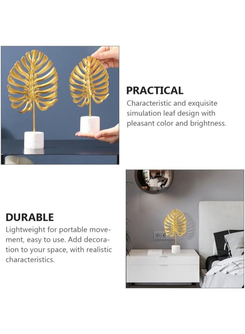 اليسا مجموعة من قطعتين من زينة أوراق الشجر المعدنية الذهبية بقاعدة حجرية - منحوتة زخرفية حديثة على شكل أوراق شجر مونستيرا للمنزل والمكتب وديكور الطاولة والرفوف - Image 3