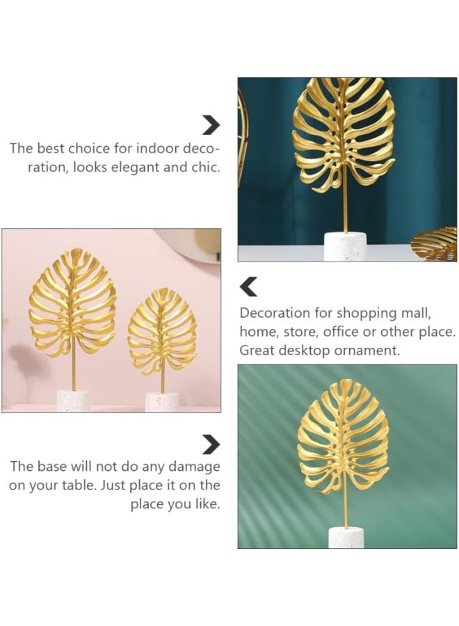 اليسا مجموعة من قطعتين من زينة أوراق الشجر المعدنية الذهبية بقاعدة حجرية - منحوتة زخرفية حديثة على شكل أوراق شجر مونستيرا للمنزل والمكتب وديكور الطاولة والرفوف - Image 4