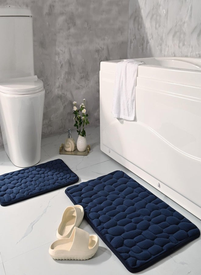 ميفكسين طقم سجاد حمام مكون من قطعتين من إسفنج الذاكرة بنمط الحصى، سجاد حمام ناعم ماص للرطوبة، سجاد حمام ومرحاض، سجادة أرضية مستطيلة (لون كحلي) - Image 1