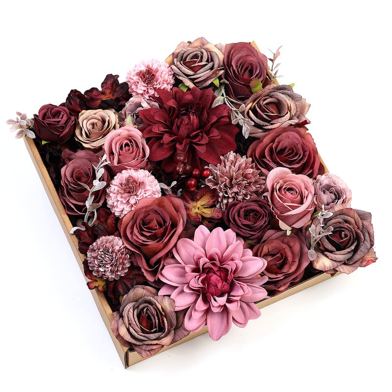 Serra Flora Artificial Flowers Combo Dahlia 25pcs Silk Fake Flowers Roses for DIY Wedding Bouquets Burgundy Centerpieces Arrangements Party Bridal Baby Shower Home DecorationsBurgundy