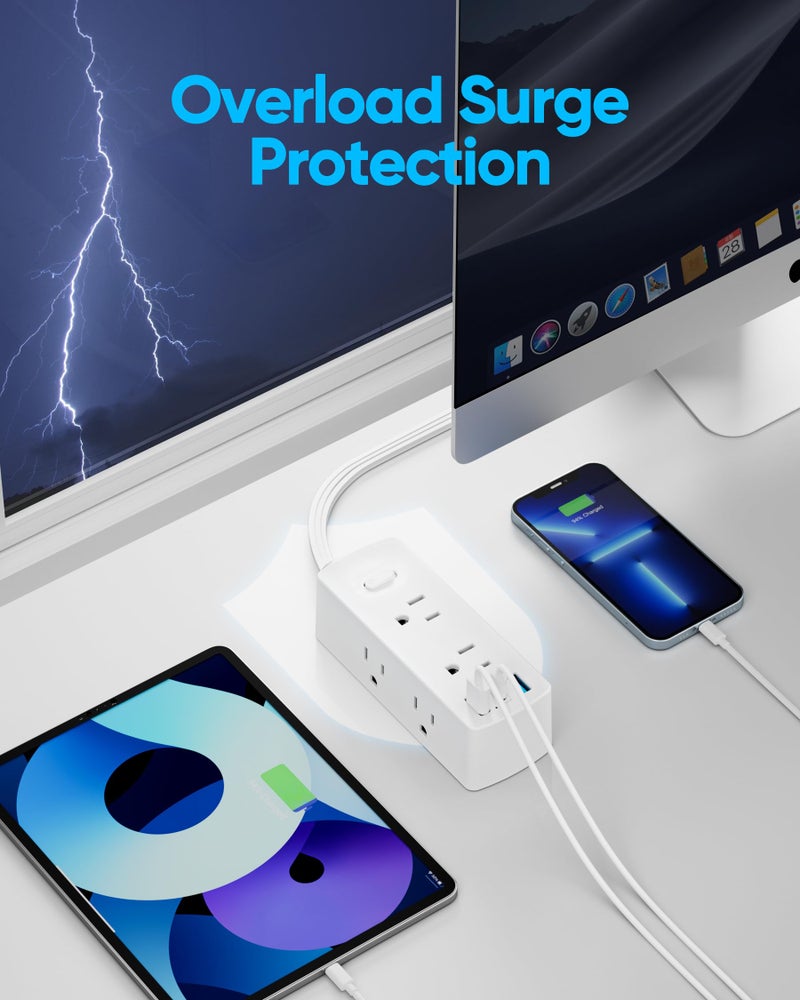 olcorife 2 Prong Flat Plug Power Strip, Olcorife 2 Prong to 3 Prong Outlet Adapter, 5 FT Flat Extension Cord with 6 Outlets 3 USB Ports(1 USB C), 2000J Surge Protector, US to Japan Plug Adapter - Image 5