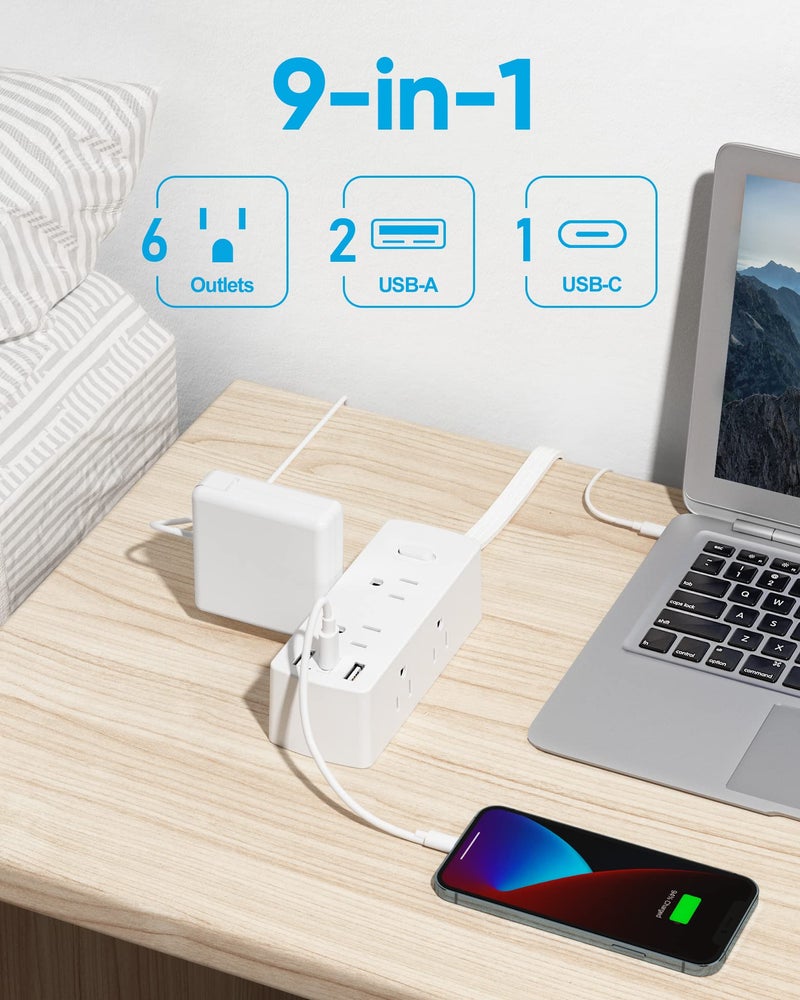 olcorife 2 Prong Flat Plug Power Strip, Olcorife 2 Prong to 3 Prong Outlet Adapter, 5 FT Flat Extension Cord with 6 Outlets 3 USB Ports(1 USB C), 2000J Surge Protector, US to Japan Plug Adapter - Image 2