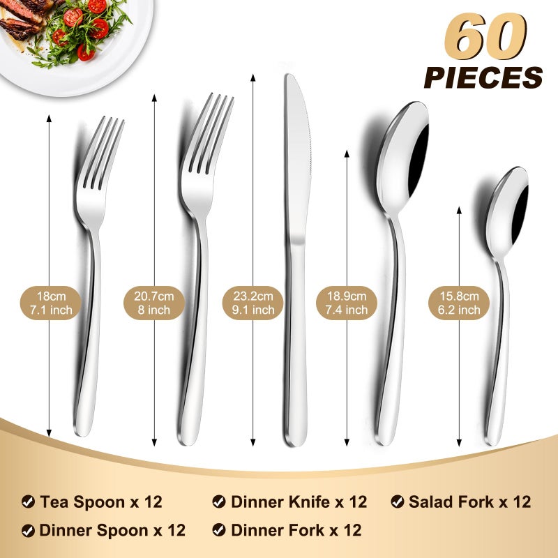 Pleafind 60-Pcs Silverware Set Service for 12, Premium Stainless Steel Flatware Set, Include Forks Spoons and Knives Set, Mirror Polished Cutlery Utensil Set for Home Restaurant, Dishwasher Safe - Image 2