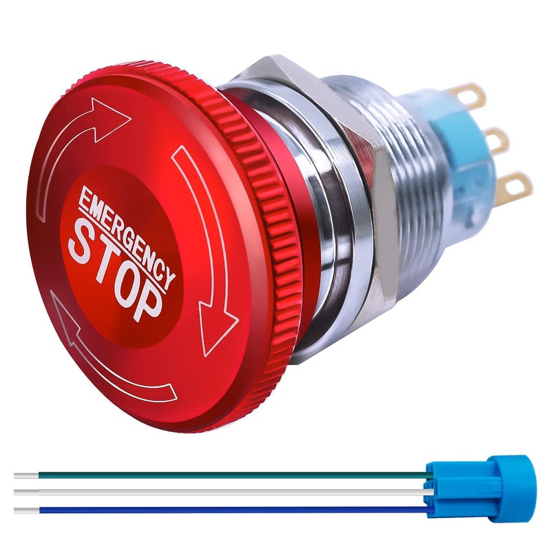 mxuteuk 22mm Stainless Steel Metal Latching Emergency Stop Push Button Switch with Connection Plug 12-220V 3A 1NO 1NC,MXU-DT-CT - Image 1