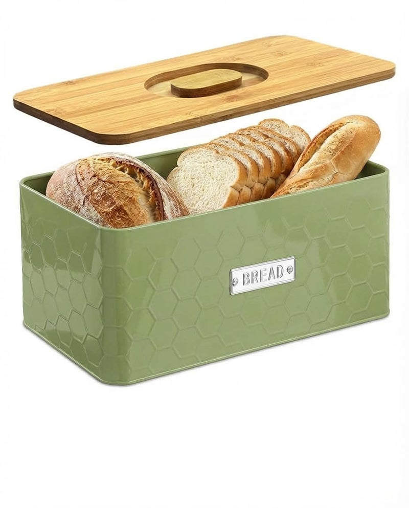 vensovo Bread Box for Countertop â€“ Large Green Metal Bread Bin with Bamboo Cutting Board Lid, Farmhouse Bread Storage Container for Homemade Bread, Baked Goods & Kitchen Counter Organization - Image 1