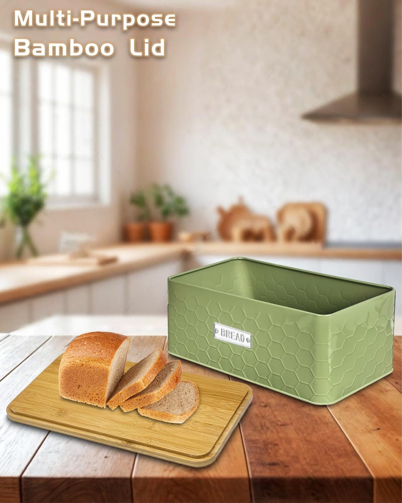 vensovo Bread Box for Countertop â€“ Large Green Metal Bread Bin with Bamboo Cutting Board Lid, Farmhouse Bread Storage Container for Homemade Bread, Baked Goods & Kitchen Counter Organization - Image 4