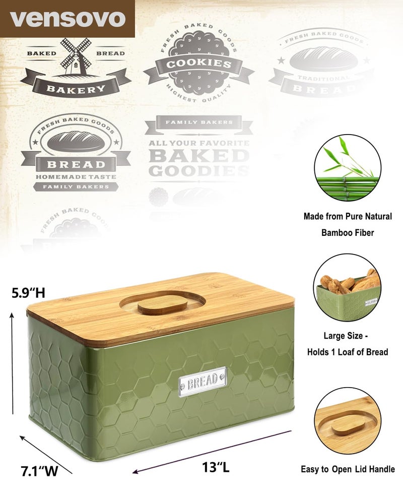 vensovo Bread Box for Countertop â€“ Large Green Metal Bread Bin with Bamboo Cutting Board Lid, Farmhouse Bread Storage Container for Homemade Bread, Baked Goods & Kitchen Counter Organization - Image 2