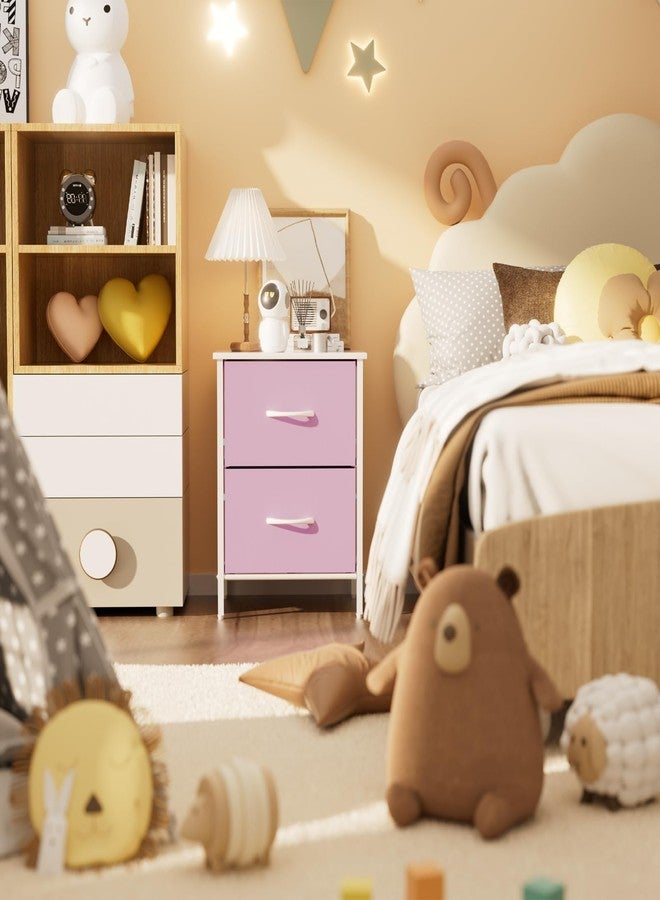 Stero Nightstand, Kids Dresser with 2 Drawers, Steel Frame Bedside Furniture, Wood Top Fabric Night Stand, Colorful End Table for Home, Bedroom, Office, Pink - Image 2