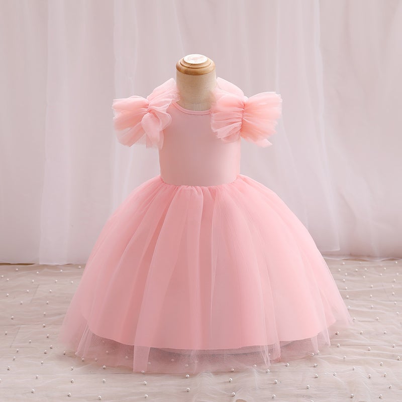 New girls solid color one-year-old performance puffy princess dress wedding dress dinner evening dress wholesale pink
