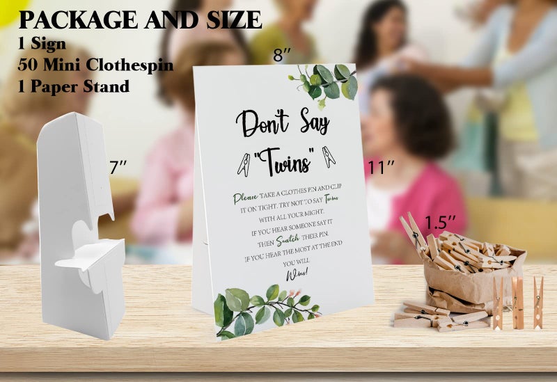 GNATV Greenery Don't Say Twins Game ï¼ˆ1 Sign and 50 Mini Natural Clothespinsï¼‰ Don't Say Baby Baby Shower Game, Baby Shower Decorations, Baby Shower Games Gender Neutral, Green Leaves Baby Shower (DS21) - Image 2