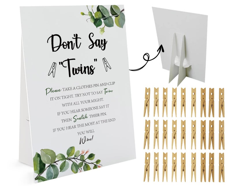GNATV Greenery Don't Say Twins Game ï¼ˆ1 Sign and 50 Mini Natural Clothespinsï¼‰ Don't Say Baby Baby Shower Game, Baby Shower Decorations, Baby Shower Games Gender Neutral, Green Leaves Baby Shower (DS21) - Image 1