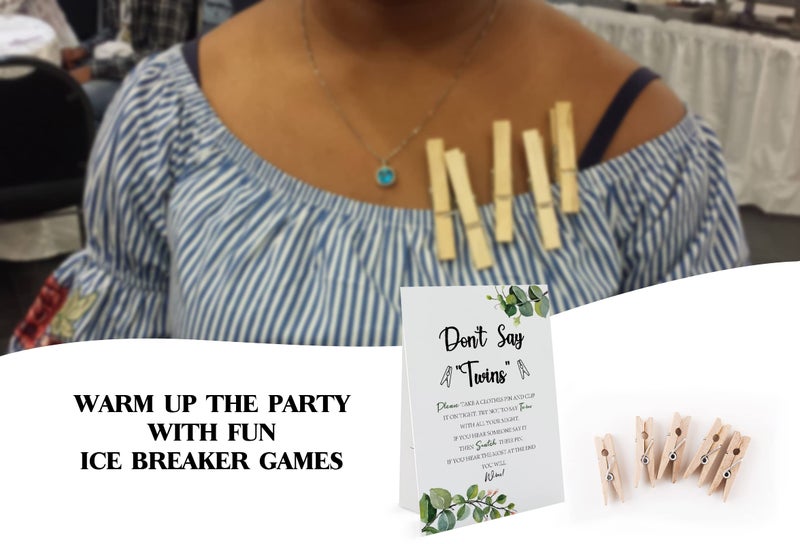 GNATV Greenery Don't Say Twins Game ï¼ˆ1 Sign and 50 Mini Natural Clothespinsï¼‰ Don't Say Baby Baby Shower Game, Baby Shower Decorations, Baby Shower Games Gender Neutral, Green Leaves Baby Shower (DS21) - Image 3