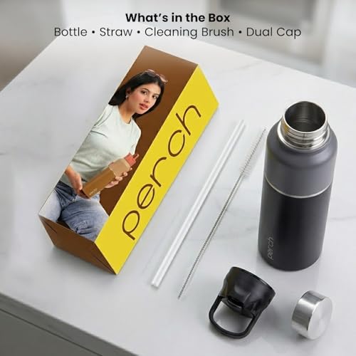 Perch Magic ISI Certified Stainless Steel Water Bottle 1 Ltr | With Dual Cap and Straw Cleaner | Single-Wall Fridge Bottle | BPA Free | Compact & Easy to Carry |For Travel, Gym, School - Black & Grey - Image 2