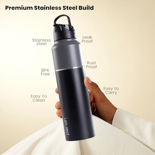 Perch Magic ISI Certified Stainless Steel Water Bottle 1 Ltr | With Dual Cap and Straw Cleaner | Single-Wall Fridge Bottle | BPA Free | Compact & Easy to Carry |For Travel, Gym, School - Black & Grey - Image 4