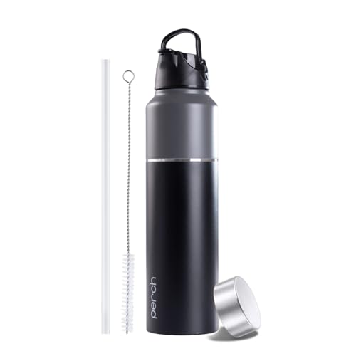 Perch Magic ISI Certified Stainless Steel Water Bottle 1 Ltr | With Dual Cap and Straw Cleaner | Single-Wall Fridge Bottle | BPA Free | Compact & Easy to Carry |For Travel, Gym, School - Black & Grey - Image 1