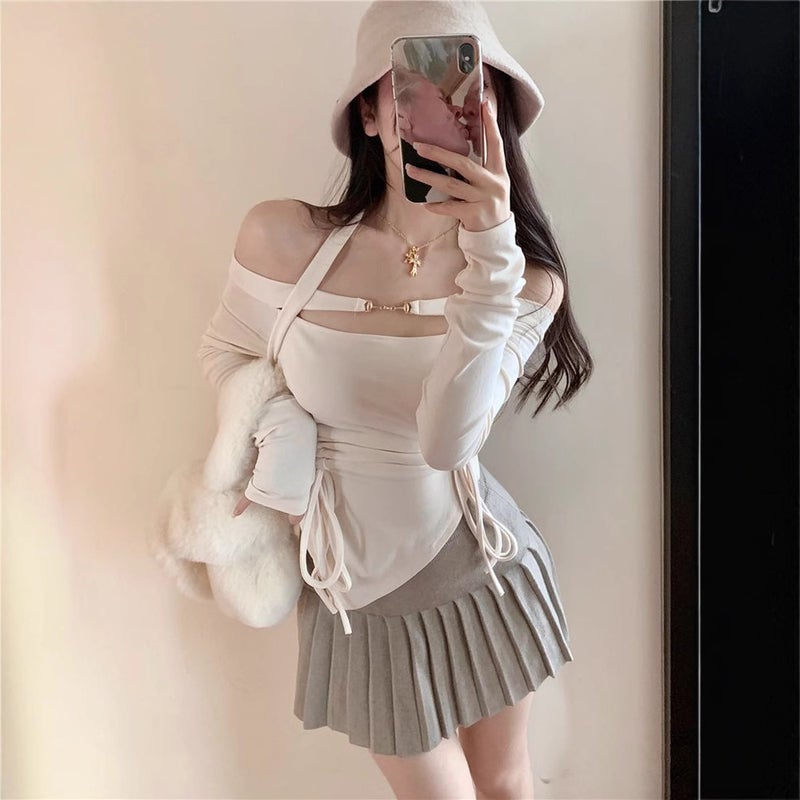 Long-Sleeved T-Shirt Women'S Interior Wear Pure Design Sense Spice Girl Shoulder Neck Irregular Drawstring Tight Top - Image 2