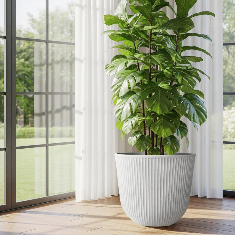 WORTH Garden Round Large Planter Pot Set of 2-17.5" Dia x 15.5" H - Durable Plastic White Plant Tree Pots with Vertical Stripe Textured Finish, Drainage Hole for Indoor, Outdoor, Front Porch, Patio - Image 5