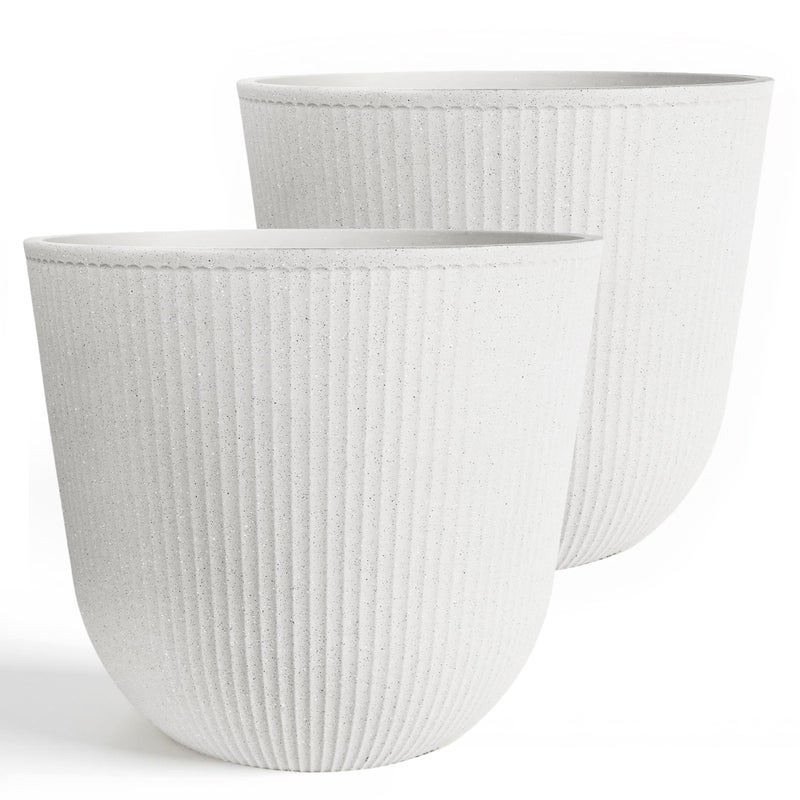 WORTH Garden Round Large Planter Pot Set of 2-17.5" Dia x 15.5" H - Durable Plastic White Plant Tree Pots with Vertical Stripe Textured Finish, Drainage Hole for Indoor, Outdoor, Front Porch, Patio - Image 1