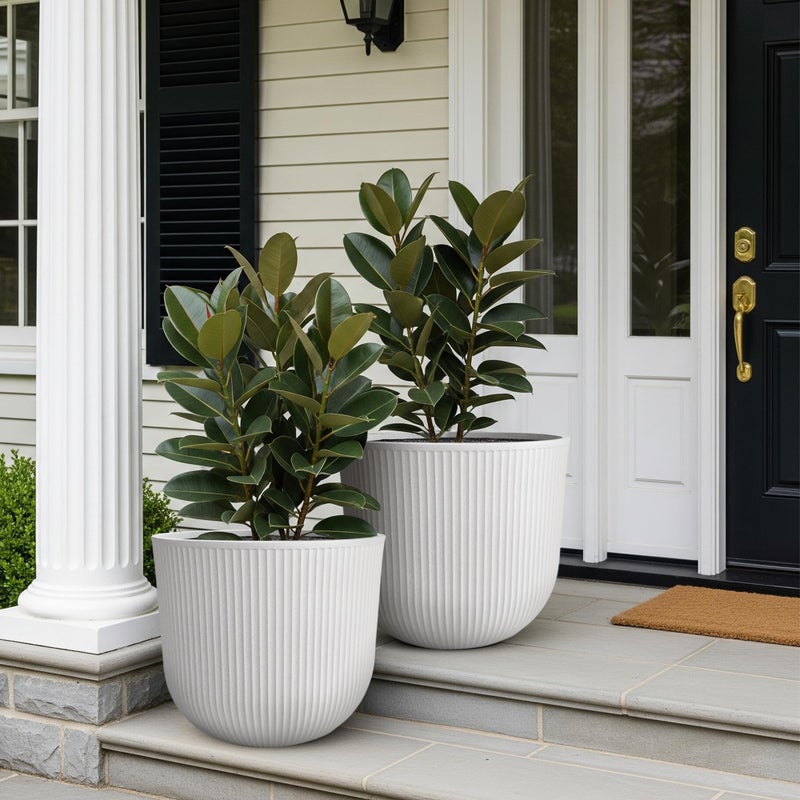 WORTH Garden Round Large Planter Pot Set of 2-17.5" Dia x 15.5" H - Durable Plastic White Plant Tree Pots with Vertical Stripe Textured Finish, Drainage Hole for Indoor, Outdoor, Front Porch, Patio - Image 4