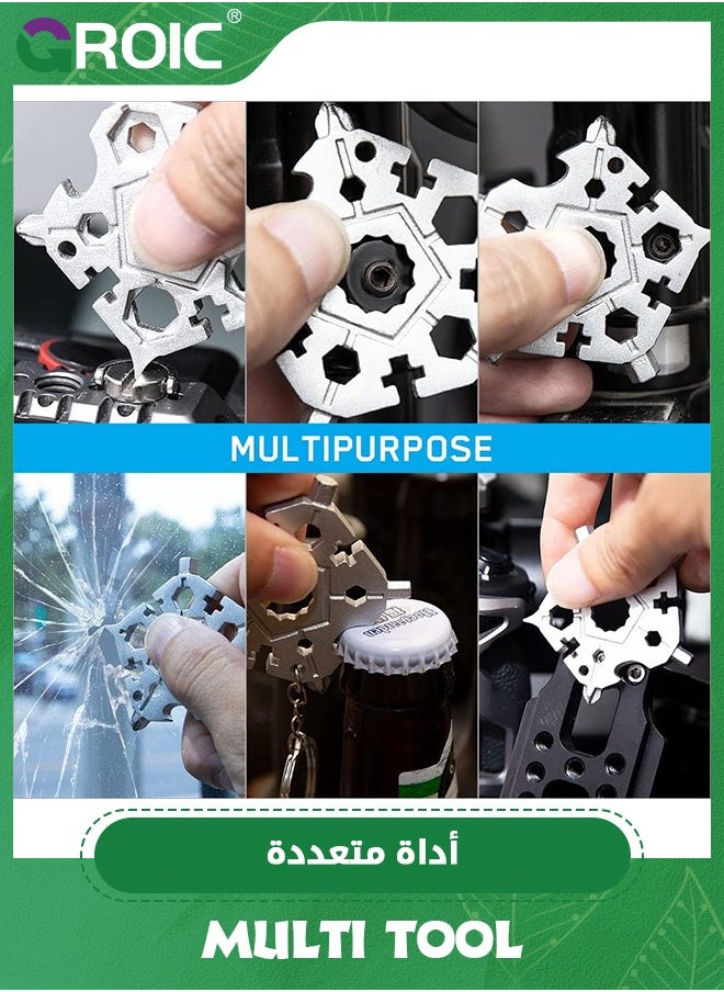 GROIC - 2PCS 23-in-1 Portable Carbon Steel Snowflake Multi Tool with Key Ring,Hand Tool Portable,Bottle Opener,Flat Phillips Screwdriver,Wrench Kit for Adventure Camping Travel Tool (Black+Silver) - Image 1